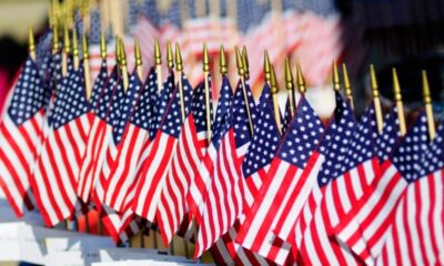 Las banderas estadounidenses se colocan en una fuente en honor a los miembros del servicio caídos durante una ceremonia en el Tidewater Veterans Memorial en Virginia Beach para el Día de los Veteranos. La ciudad de Virginia Beach ha acogido el desfile y las ceremonias del Día de los Veteranos desde 1970. (Foto de la Marina de los EE. UU. por especialista en comunicación de masas de 3ª clase Betsy Knapper/liberado)