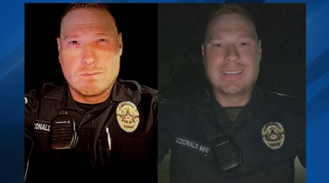 Sean Michael MacDonald, de 35 años, fue visto en varias fotografías vistiendo uniforme de oficial, pero no fue reconocido como oficial actual o anterior de la APD. (Foto: CBS Austin)