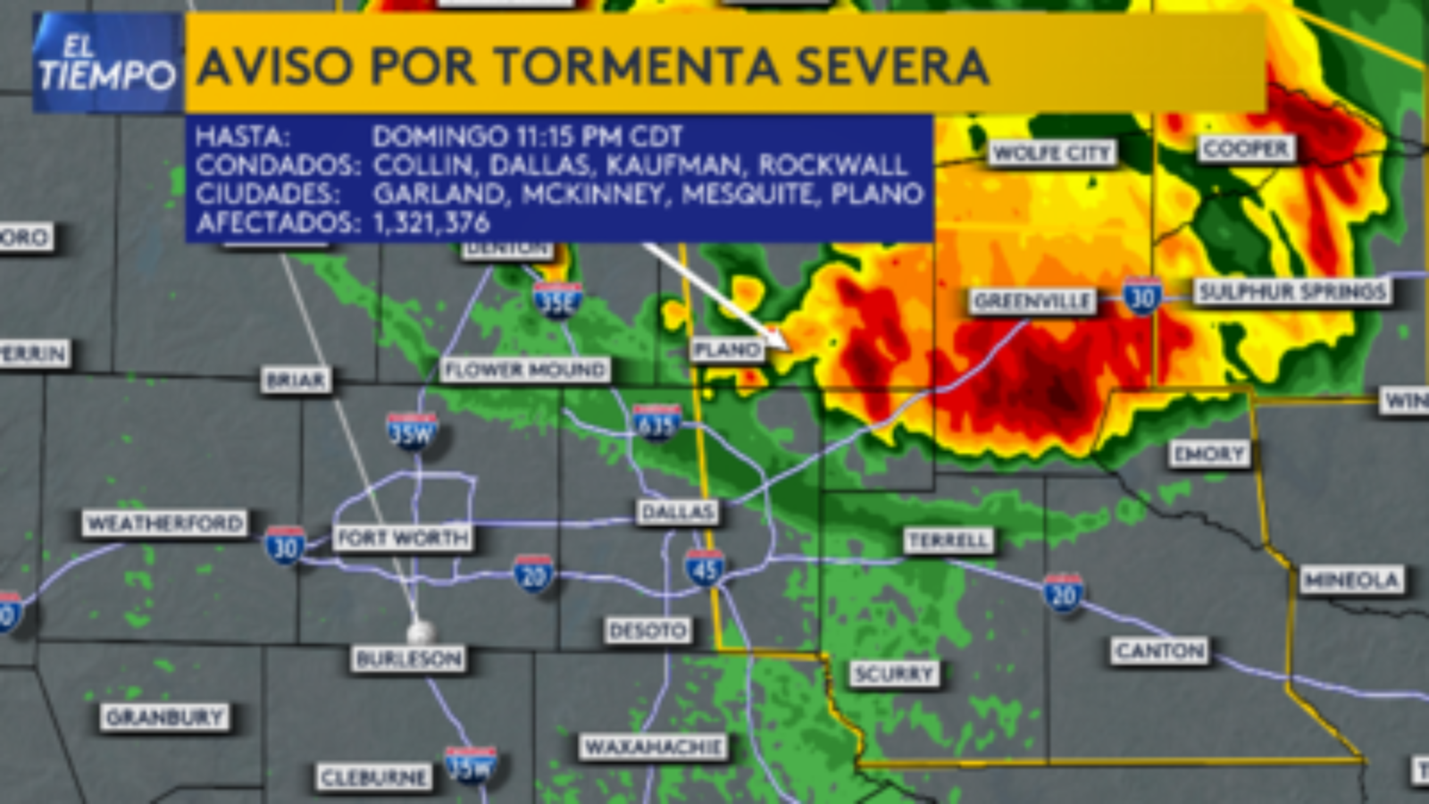 Aviso por tormenta severa para el condado Dallas, Collin y Rockwall