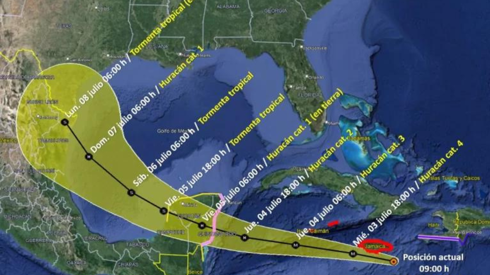 Huracán Beryl se debilita a categoría 2 en camino a México 