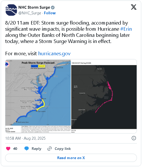 Huracán Erin / Foto: @NHC_Atlantic en X