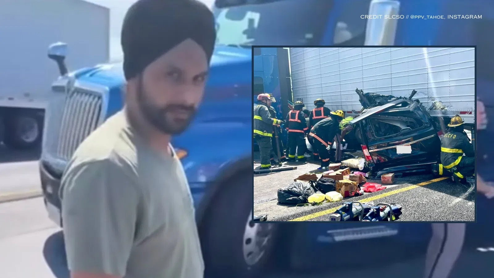 La policía afirma que Harjinder Singh, de 28 años, atravesó la carretera utilizando un acceso exclusivo para uso oficial cerca del kilómetro 171 en Fort Pierce el 12 de agosto. Su tráiler se extendió por todos los carriles en dirección norte, lo que le impidió frenar. (Crédito: DHS, Oficina del Sheriff del Condado de St. Lucie)