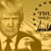 Gold-toned illustration of a suited man with a Statue of Liberty figure and a decorative currency background, featuring 'TRUMP GOLD CARD' and a stylized signature surrounded by stars.