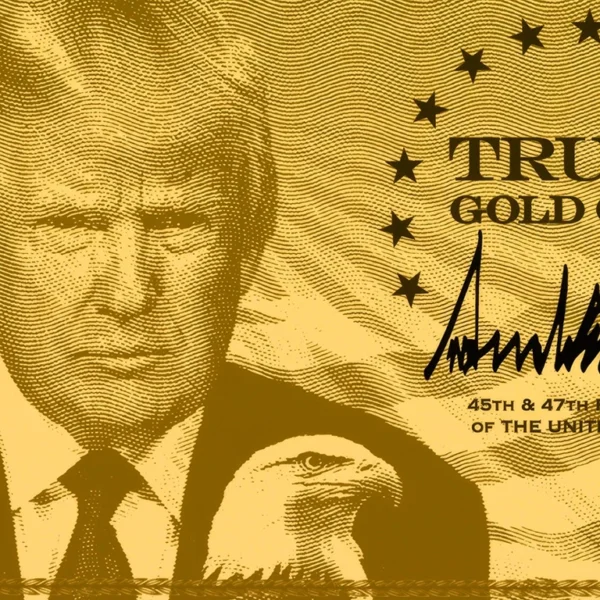 Gold-toned illustration of a suited man with a Statue of Liberty figure and a decorative currency background, featuring 'TRUMP GOLD CARD' and a stylized signature surrounded by stars.