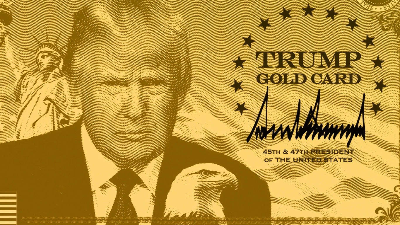Gold-toned illustration of a suited man with a Statue of Liberty figure and a decorative currency background, featuring 'TRUMP GOLD CARD' and a stylized signature surrounded by stars.