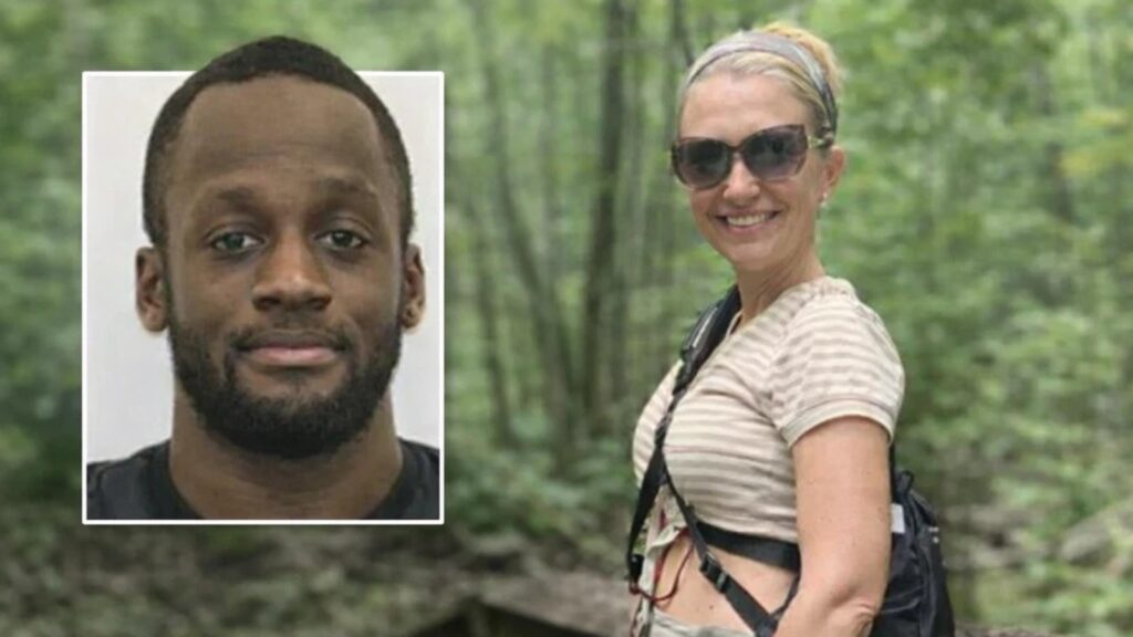 Composite image: a close-up portrait of a man in a white frame on the left and a smiling woman with sunglasses in a forest setting on the right.