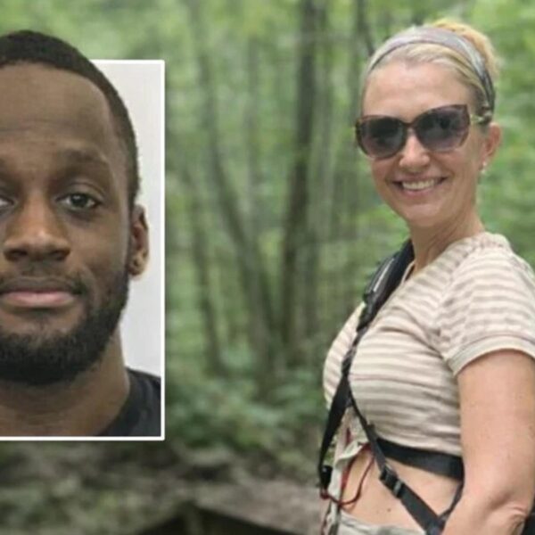 Composite image: a close-up portrait of a man in a white frame on the left and a smiling woman with sunglasses in a forest setting on the right.
