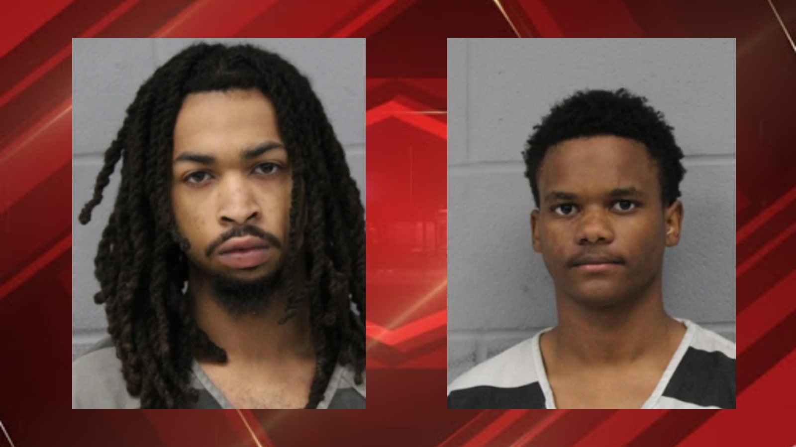 Two mugshots side by side: left man with long dreadlocks and beard, right man with short hair in striped shirt against gray wall