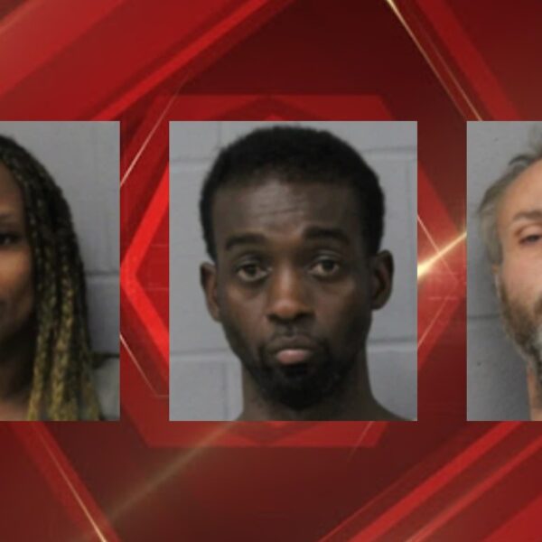 Three mugshots side by side: a woman with braids on the left, a man in the middle, and a bearded man on the right against gray backgrounds.