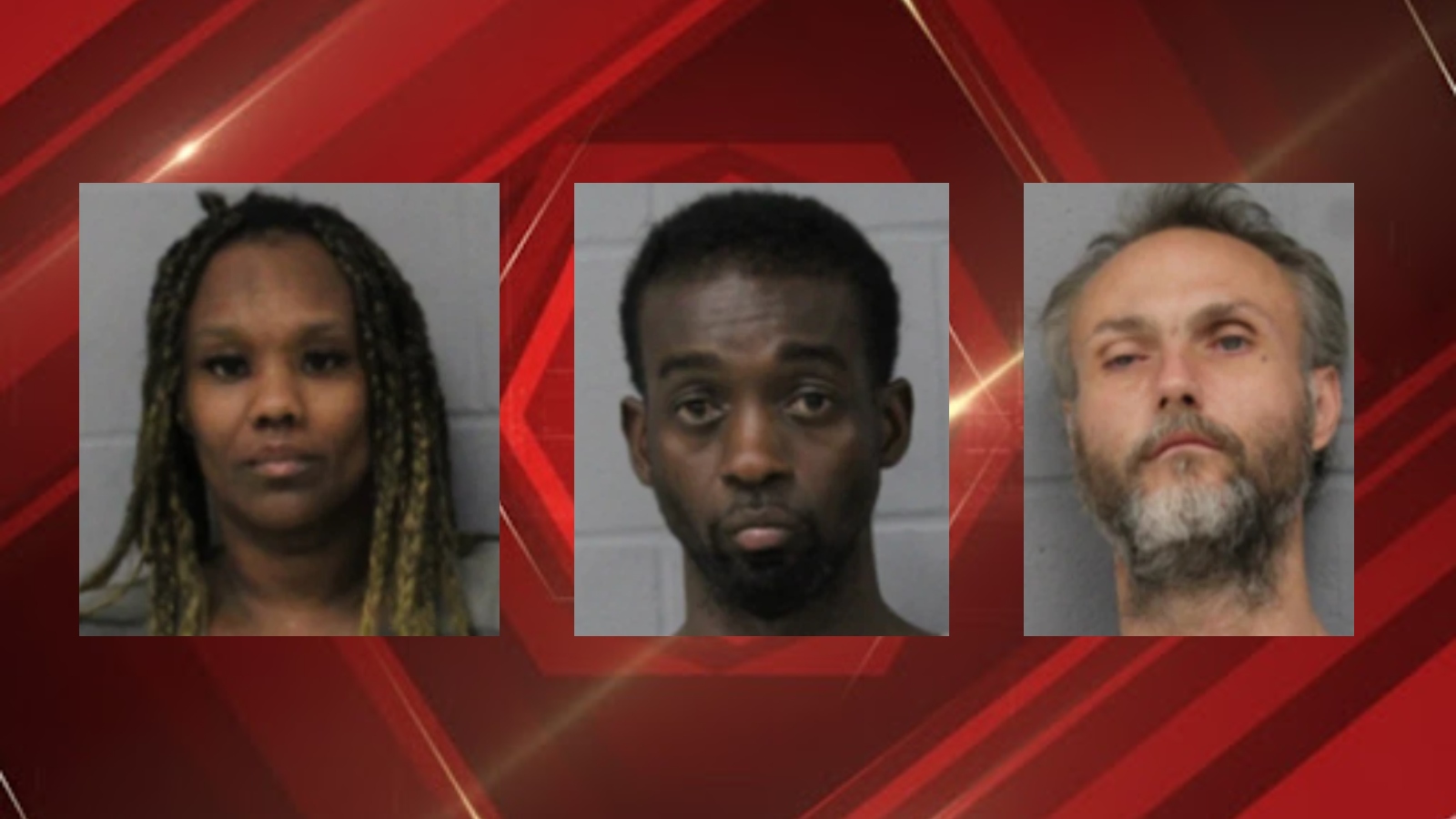 Three mugshots side by side: a woman with braids on the left, a man in the middle, and a bearded man on the right against gray backgrounds.
