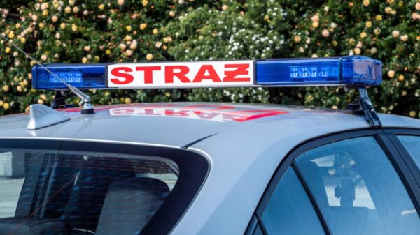 Close-up of a police/emergency vehicle roof with a blue flashing light bar and an antenna, against a backdrop of flowering hedges.