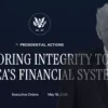 Dark blue banner with a man in a suit on the right and the large headline 'Restoring integrity to America's financial system' across the center, plus a circular seal at the top left.