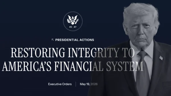Dark blue banner with a man in a suit on the right and the large headline 'Restoring integrity to America's financial system' across the center, plus a circular seal at the top left.