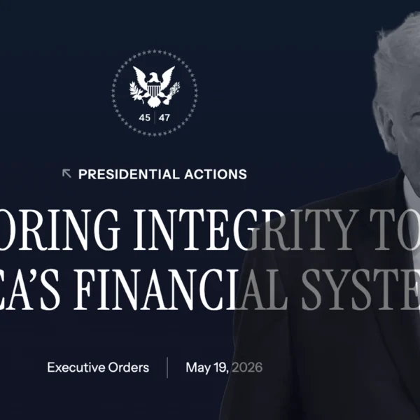 Dark blue banner with a man in a suit on the right and the large headline 'Restoring integrity to America's financial system' across the center, plus a circular seal at the top left.