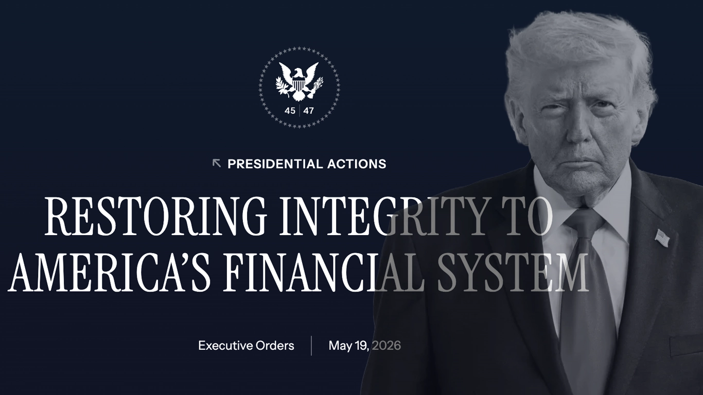 Dark blue banner with a man in a suit on the right and the large headline 'Restoring integrity to America's financial system' across the center, plus a circular seal at the top left.