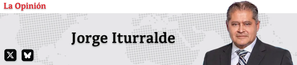 La Opinión header banner with a dotted world map background and a man in a suit on the right.