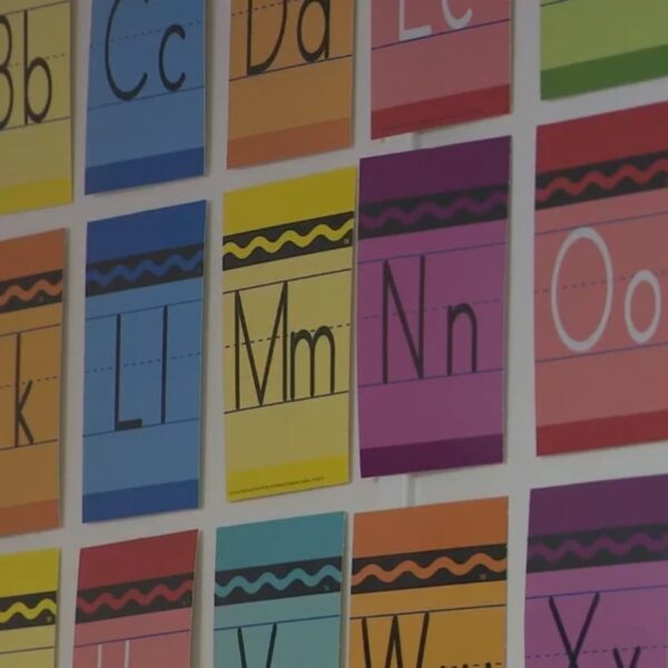 Colorful alphabet posters on a wall, showing uppercase and lowercase letters in bright blocks from A to Z.