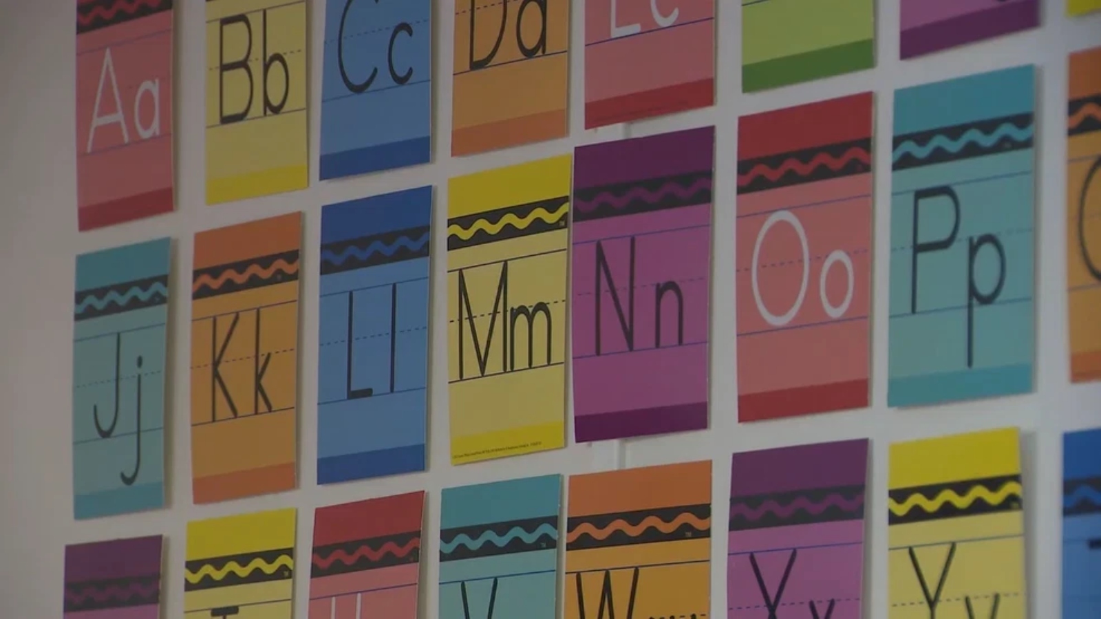 Colorful alphabet posters on a wall, showing uppercase and lowercase letters in bright blocks from A to Z.