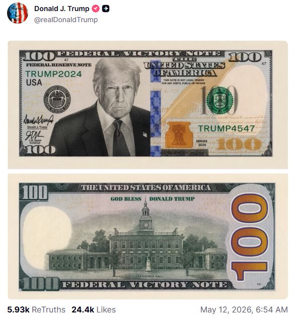 Two redesigned 0 bills: front shows a suited man with 'TRUMP2024'; back features Independence Hall and a large 100.
