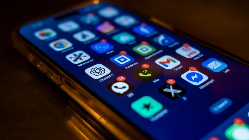 Close-up of a smartphone screen in low light showing glowing app icons on the home screen (Chrome, Gmail, ChatGPT, Messages, etc.).