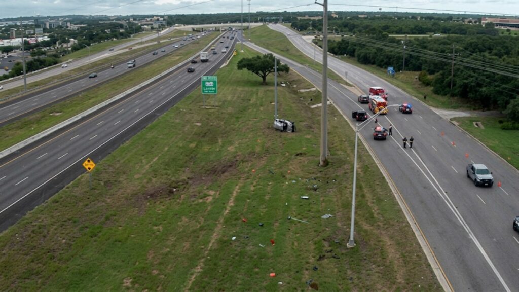 Aerial view of a divided highway with a silver car off the right-side median and emergency crews on the right, securing the scene.