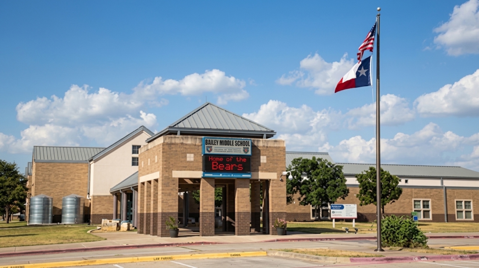 Front view of Bailey Middle School with a digital sign saying 'Home of the Bears' and a flagpole displaying the U.S. and Texas flags against a bright blue sky.