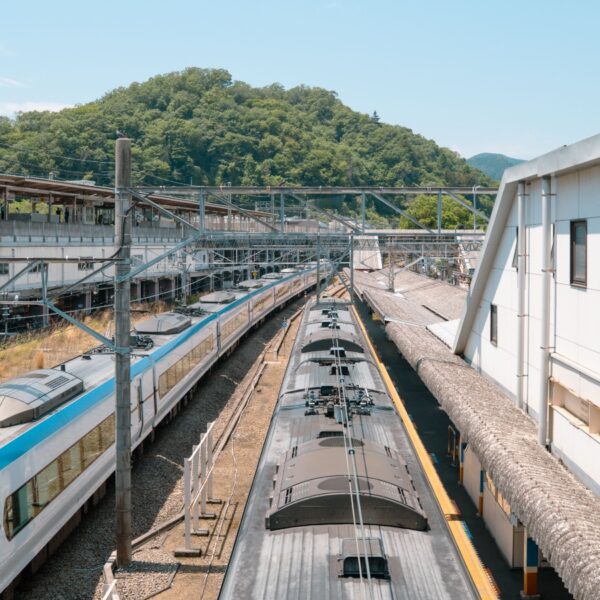 Two high‑speed trains at a station platform with overhead electrical wires and a white building, hills in the background.",