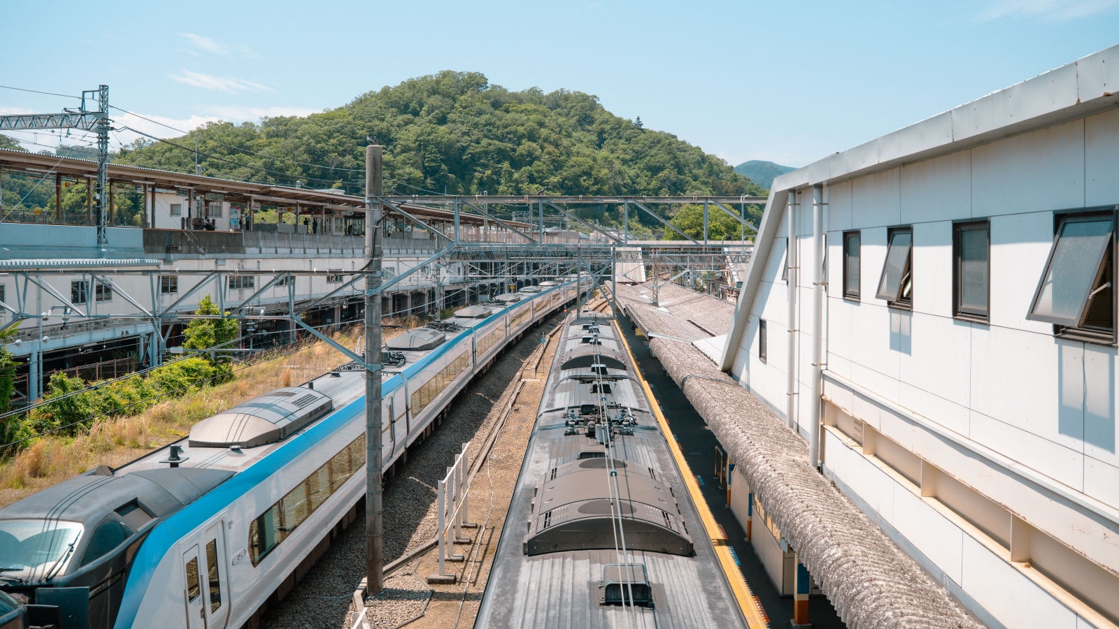 Two high‑speed trains at a station platform with overhead electrical wires and a white building, hills in the background.",