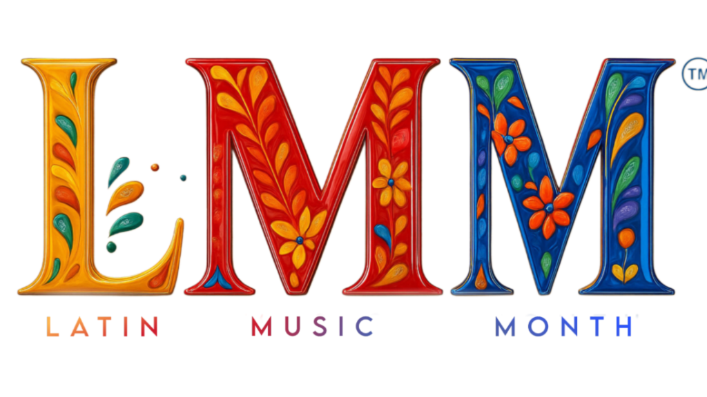 Brand logo for Latin Music Month with large decorative letters L M M in orange, red, and blue featuring floral patterns; 'LATIN MUSIC MONTH' text below in matching colors.