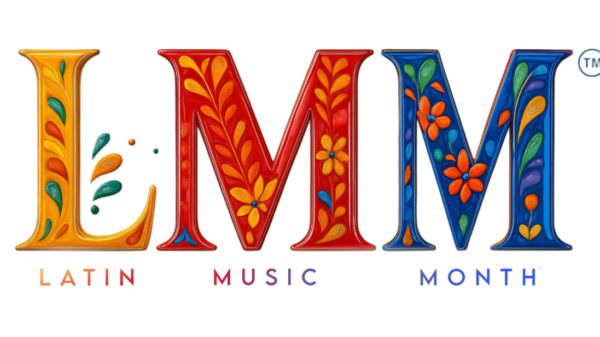 Brand logo for Latin Music Month with large decorative letters L M M in orange, red, and blue featuring floral patterns; 'LATIN MUSIC MONTH' text below in matching colors.
