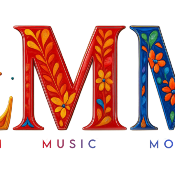 Brand logo for Latin Music Month with large decorative letters L M M in orange, red, and blue featuring floral patterns; 'LATIN MUSIC MONTH' text below in matching colors.