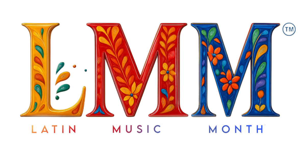 Brand logo for Latin Music Month with large decorative letters L M M in orange, red, and blue featuring floral patterns; 'LATIN MUSIC MONTH' text below in matching colors.