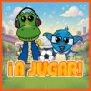 Cartoon green dinosaur and blue dragon with soccer ball in a park stadium, bold '¡A JUGAR!' text at the bottom.
