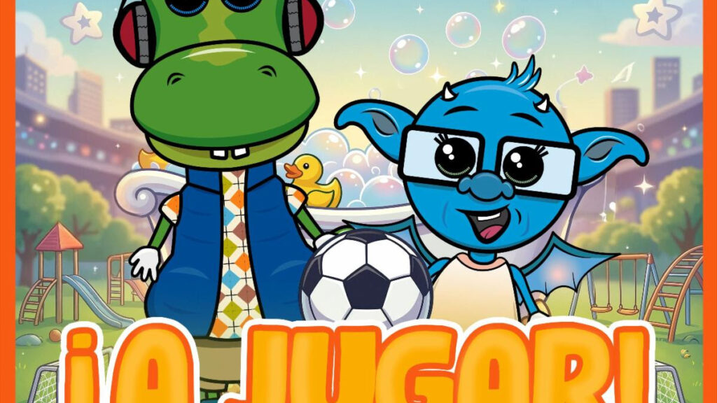 Cartoon green dinosaur and blue dragon with soccer ball in a park stadium, bold '¡A JUGAR!' text at the bottom.