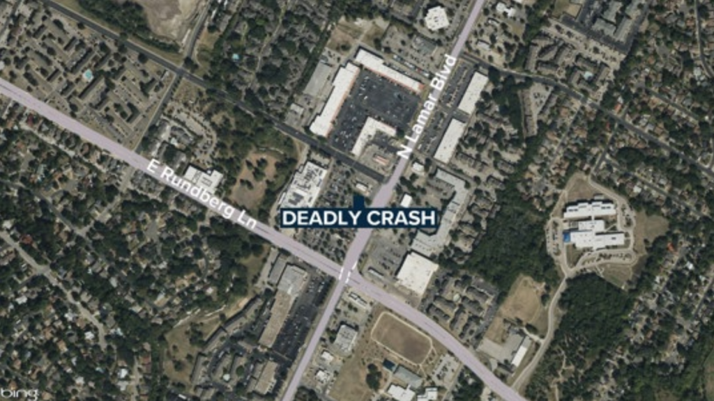 Aerial map view of a busy intersection where a deadly crash occurred, at N Lamar Blvd and E Rundberg Ln.