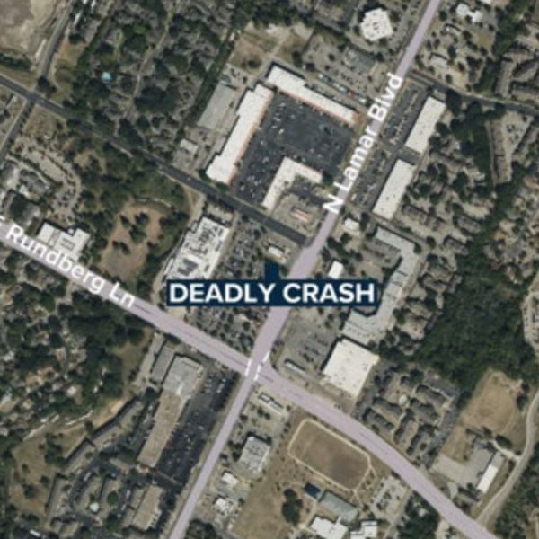 Aerial map view of a busy intersection where a deadly crash occurred, at N Lamar Blvd and E Rundberg Ln.