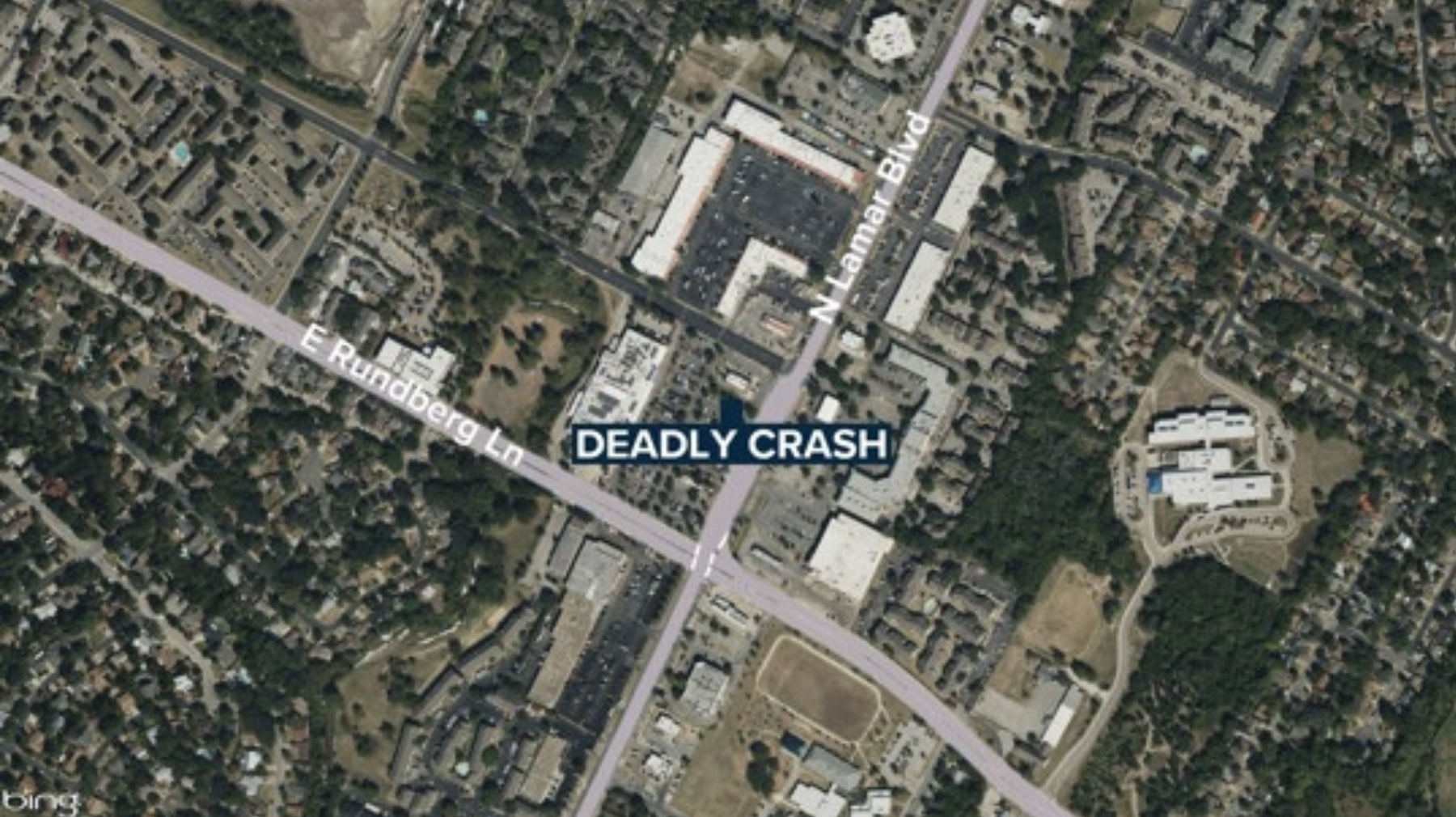 Aerial map view of a busy intersection where a deadly crash occurred, at N Lamar Blvd and E Rundberg Ln.