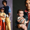 Group of models in bold color-block streetwear; a man in denim holds a baby on the right.
