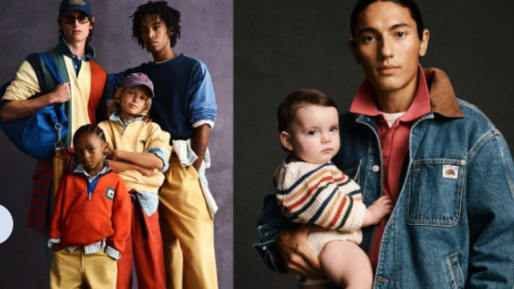 Group of models in bold color-block streetwear; a man in denim holds a baby on the right.