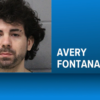 Mugshot of a man with dark hair and stubble, gray wall background, name Avery Fontana on a blue panel to the right.
