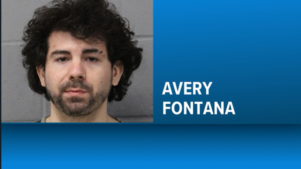 Mugshot of a man with dark hair and stubble, gray wall background, name Avery Fontana on a blue panel to the right.