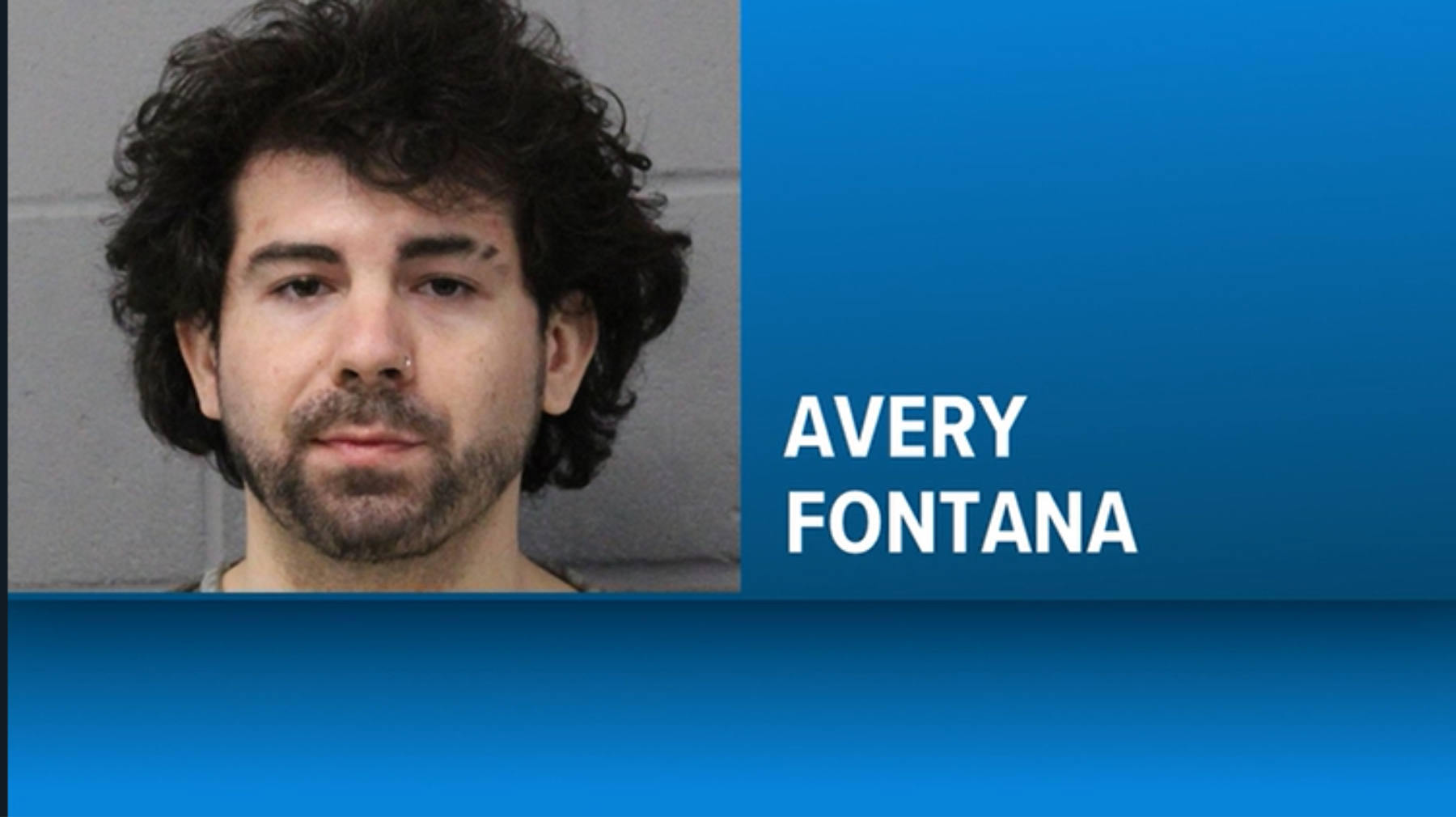Mugshot of a man with dark hair and stubble, gray wall background, name Avery Fontana on a blue panel to the right.