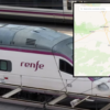 Renfe high-speed train at a platform with an inset map showing a purple route.