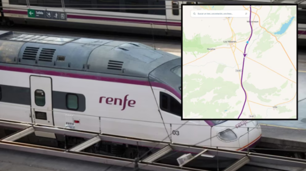 Renfe high-speed train at a platform with an inset map showing a purple route.
