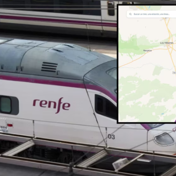 Renfe high-speed train at a platform with an inset map showing a purple route.