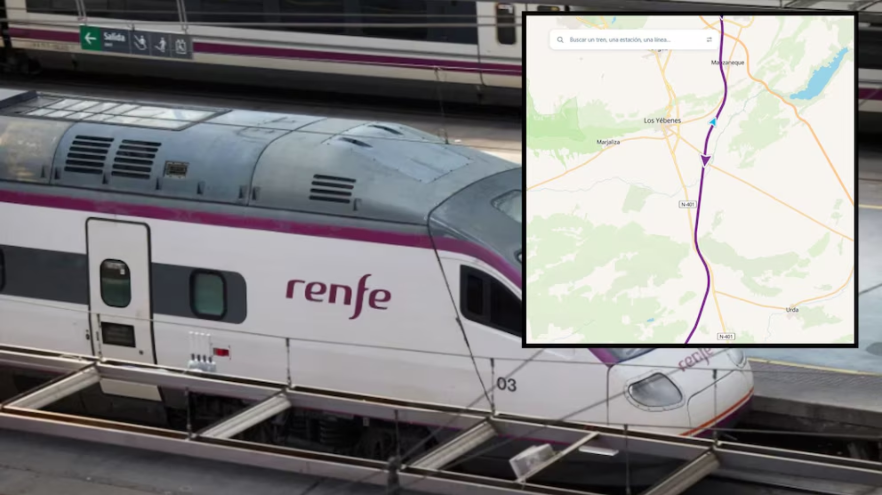 Renfe high-speed train at a platform with an inset map showing a purple route.