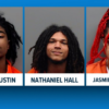 Mugshots of three individuals: D'Allen Austin (left), Nathaniel Hall (center), Jasmine Williams (right) in orange jumpsuits against gray backdrops.