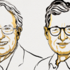Stylized sketch of two smiling men in suits and glasses, facing forward.