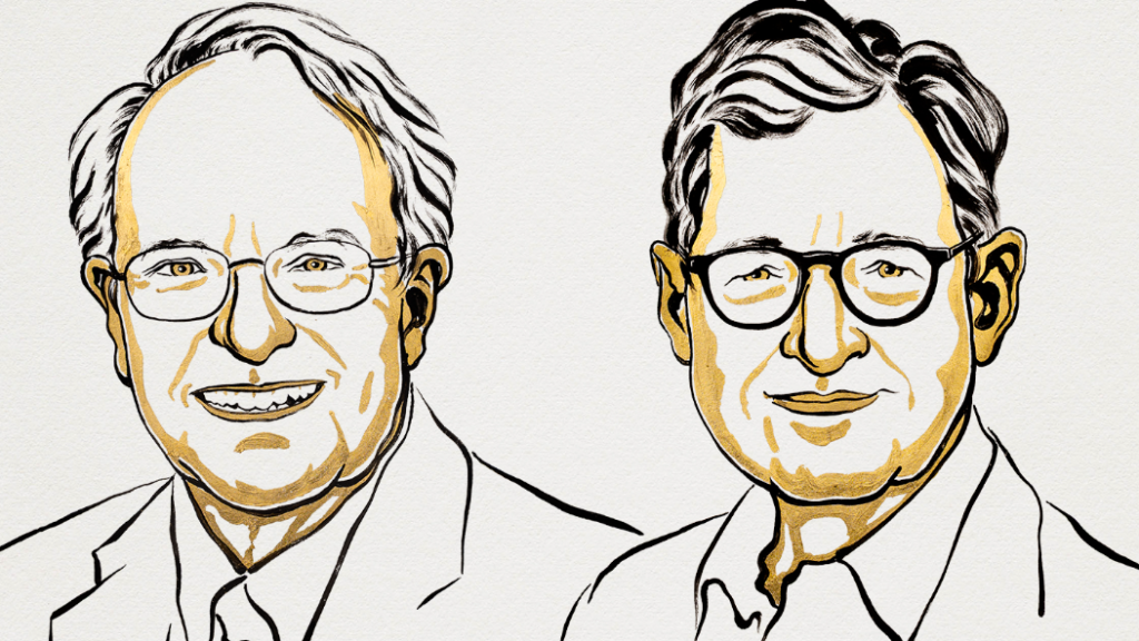 Stylized sketch of two smiling men in suits and glasses, facing forward.