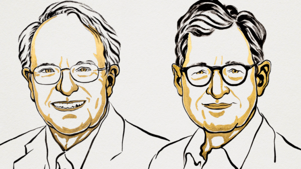 Stylized sketch of two smiling men in suits and glasses, facing forward.